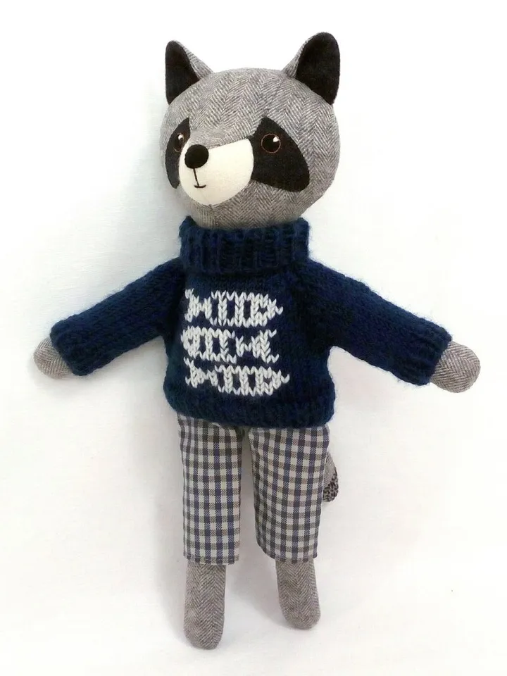Gray raccoon boy, handmade plush raccoon toy, wool stuffed doll