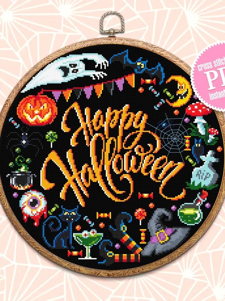 Happy Halloween cross stitch pattern download PDF Funny cross stitch Halloween quotes chart Modern cross stitch Cute Halloween pattern #H21