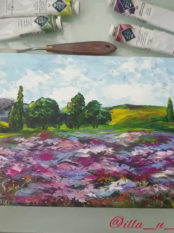 Landscape Painting Lavender Original Art Fields Wall Art Impasto Oil Painting