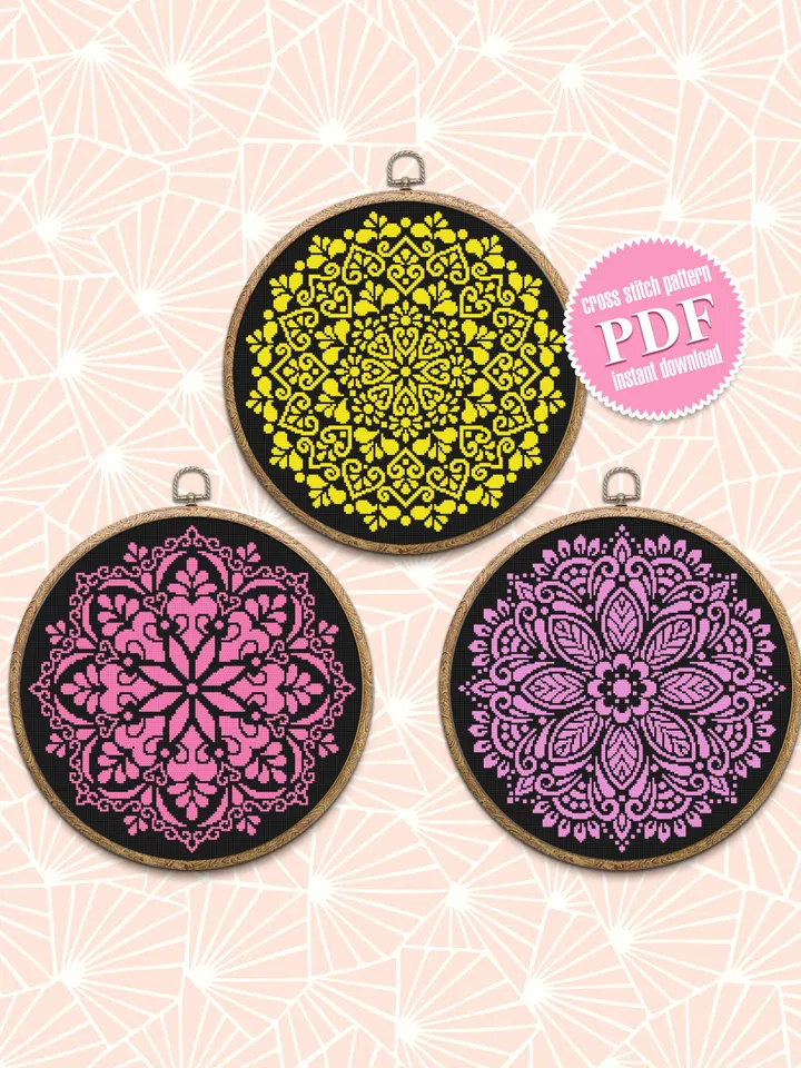Mandala set cross stitch pattern download PDF, Floral ornament cross stitch chart, Mandala pattern digital, Easy monochrome embroidery #S44