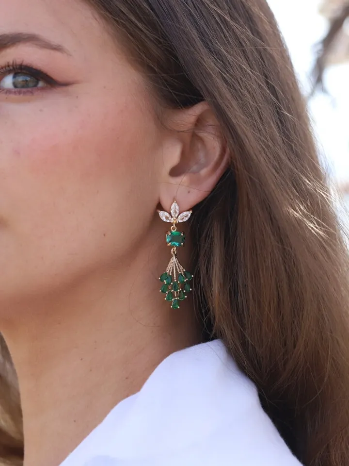 Art Deco Earrings, Boho Bridal Earrings, Statement Wedding Earrings, Emerald Gold Chandelier Earrings, Flower Earrings, Long Wedding Earring