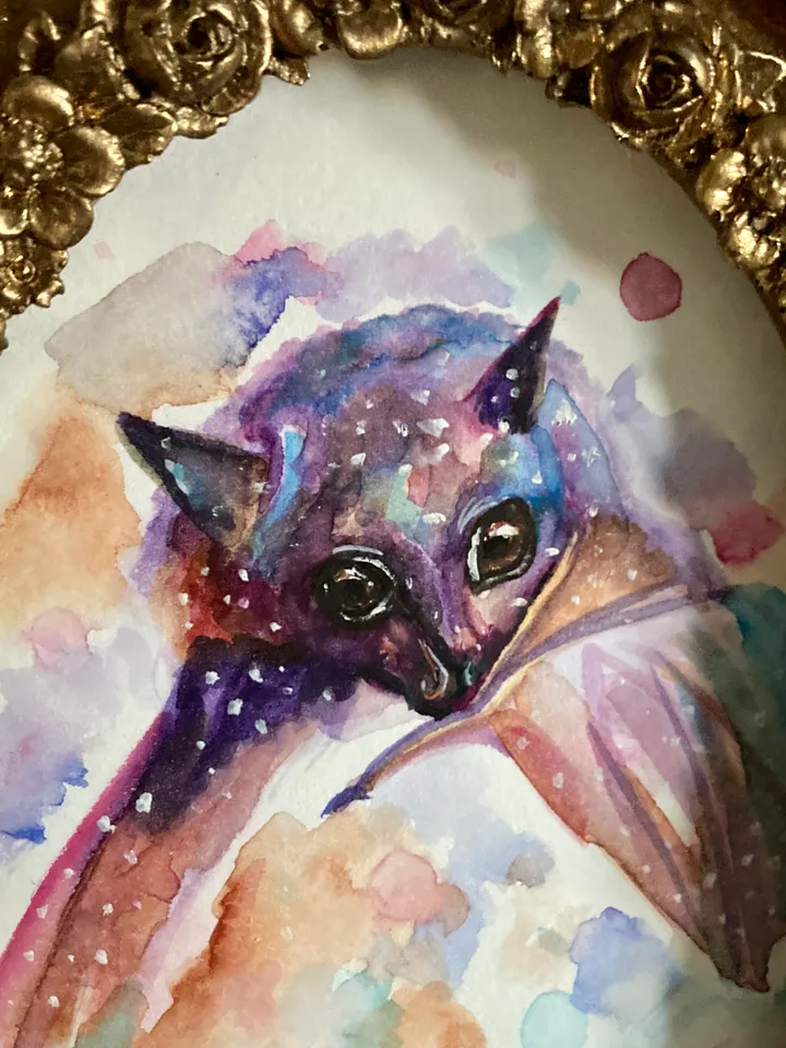 Framed Bat Watercolor Painting Original Cute Bat Art Wild Animals Decor Whimsigoth Art