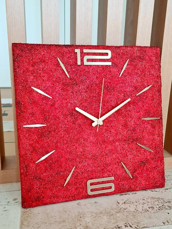 Red stone wall clock Modern square wall clock Golden numbers Silent luxury clock