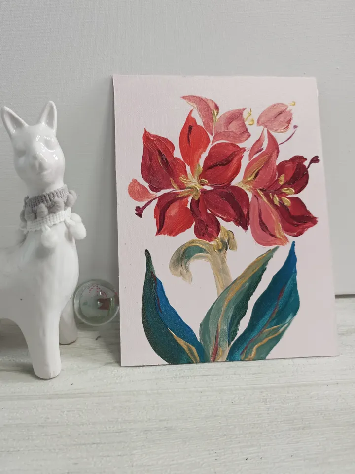 Painting "Red Amaryllis"/cardboard 6"x8", acrylic, original work.