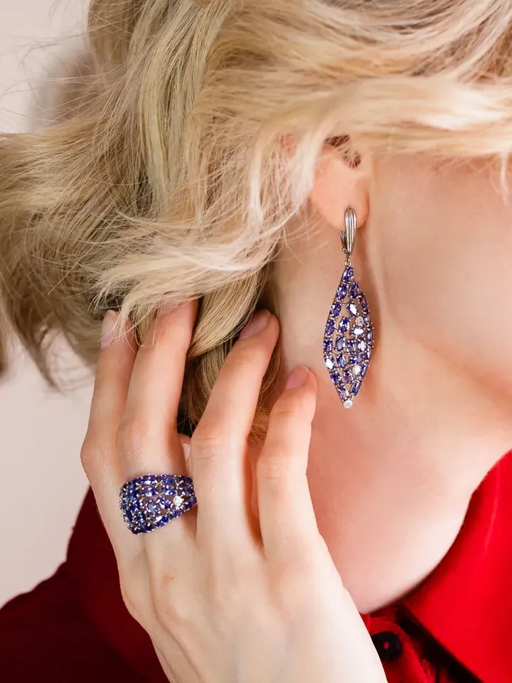 Women's long earrings silver 925 with cubic zirconia and tanzanite