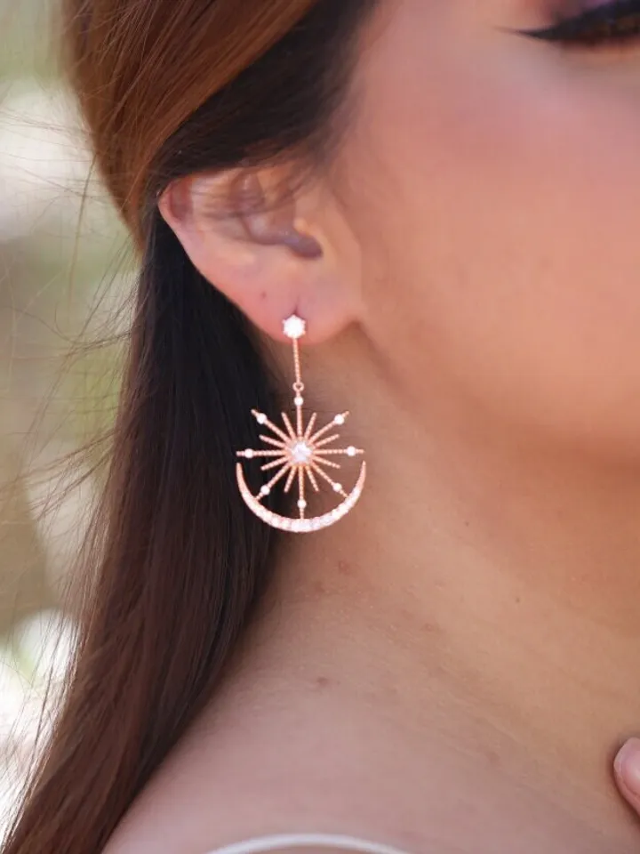 Big Size, Rose Gold Star and Moon Swarovski Wedding Earrings, Rose Gold Chandelier Statement Bridal Earrings, Celestial Boho Wedding Jewelry