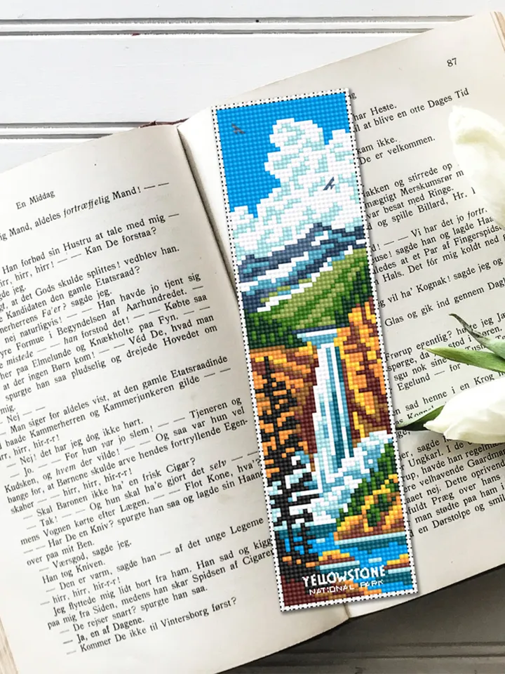Yellowstone National park bookmark cross stitch pattern PDF download, Nature cross stitch chart, Mountain waterfall Bookmark pattern #B223