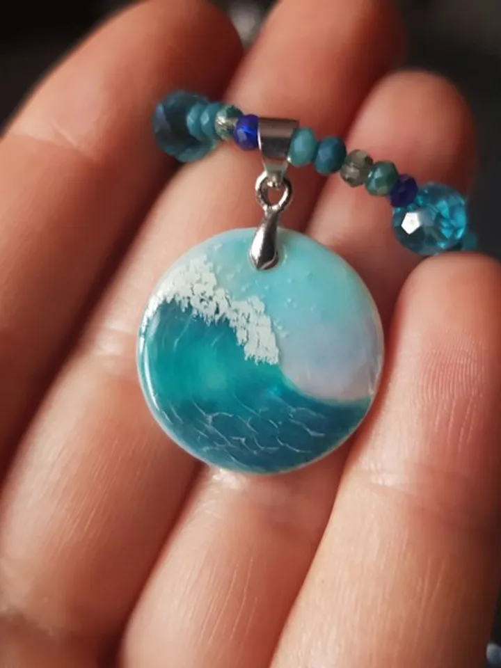 Wave necklace, surfer jewelry, sea wave miniature painting on pearl pendant