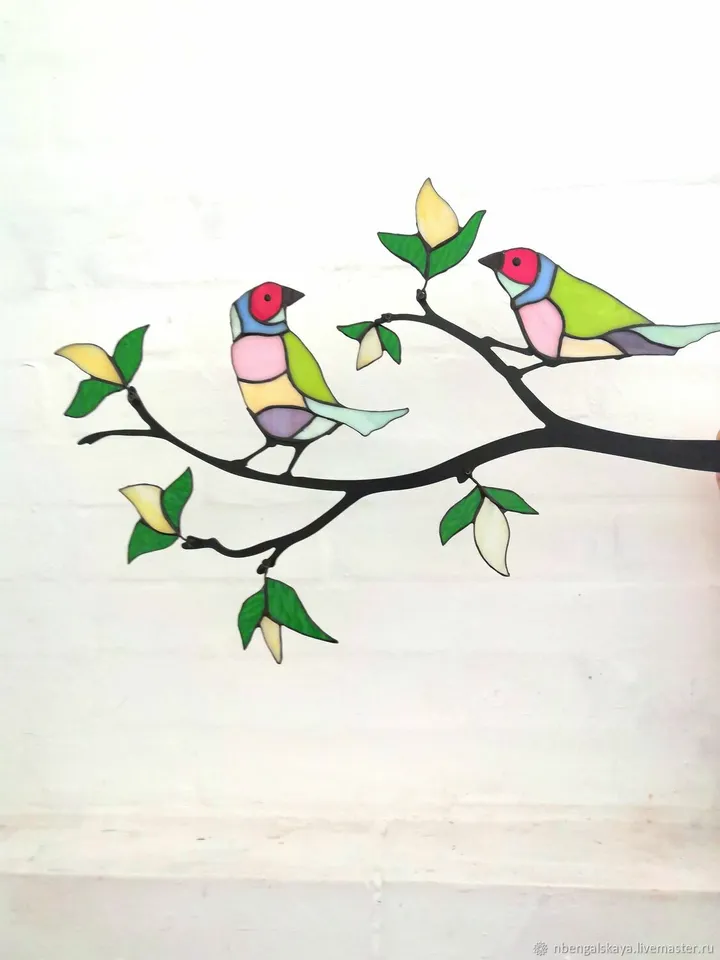 Tiffany Stained Glass. Gouldian Finches on a Branch