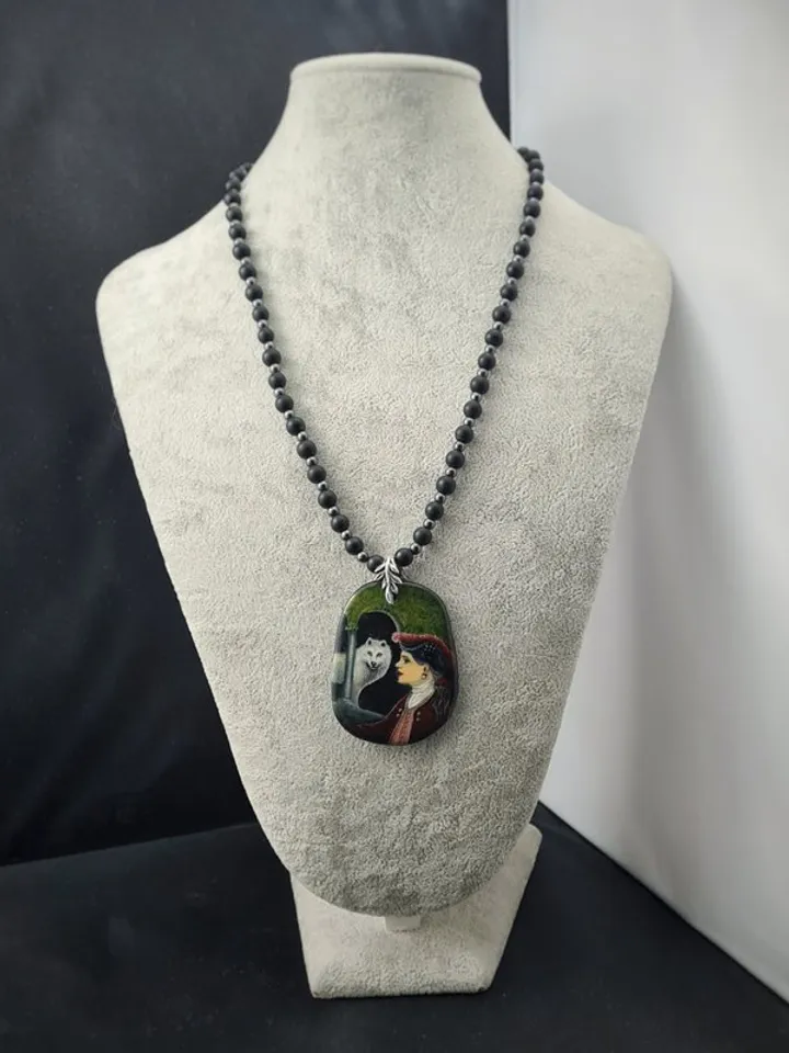 Girl with a white wolf necklace Miniature on agate Hematite and shungite beads