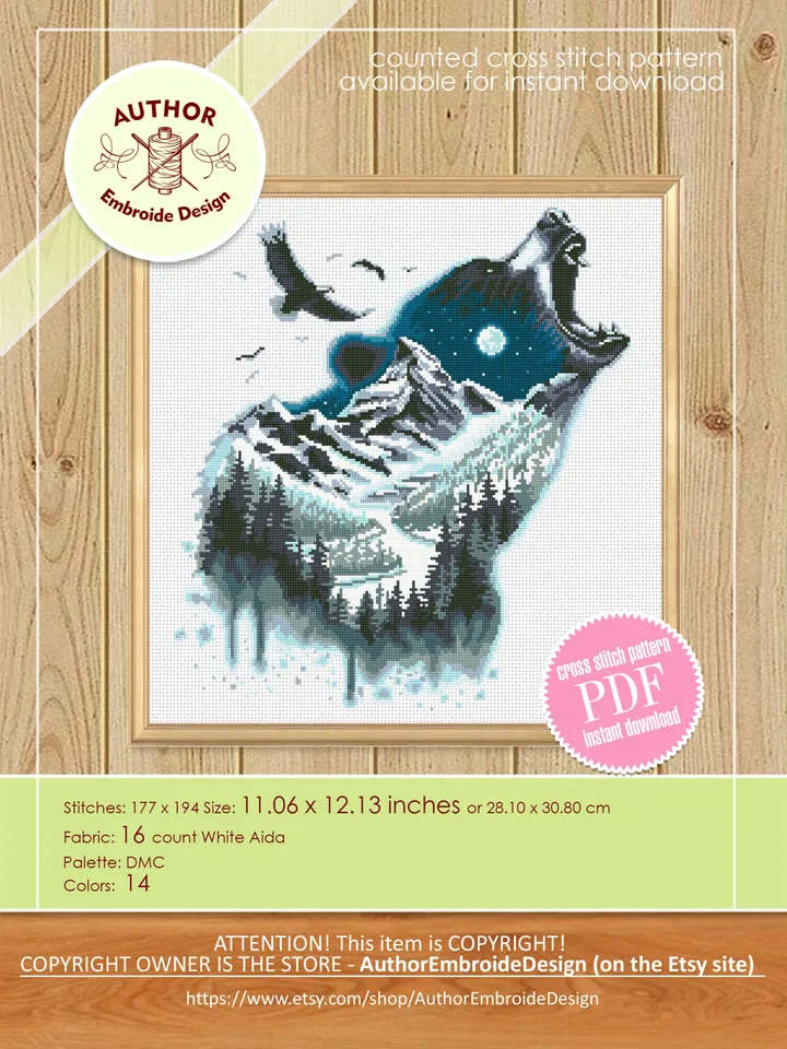 Wild grizzly bear cross stitch pattern PDF download Bear silhouette cross stitch chart, Animal pattern digital PDF, Mountain landscape #L78