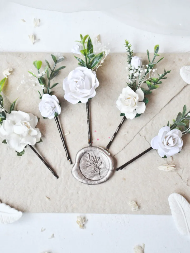 White hair clip, Wedding hair accessories, Bridal hair pins, Flower accessories