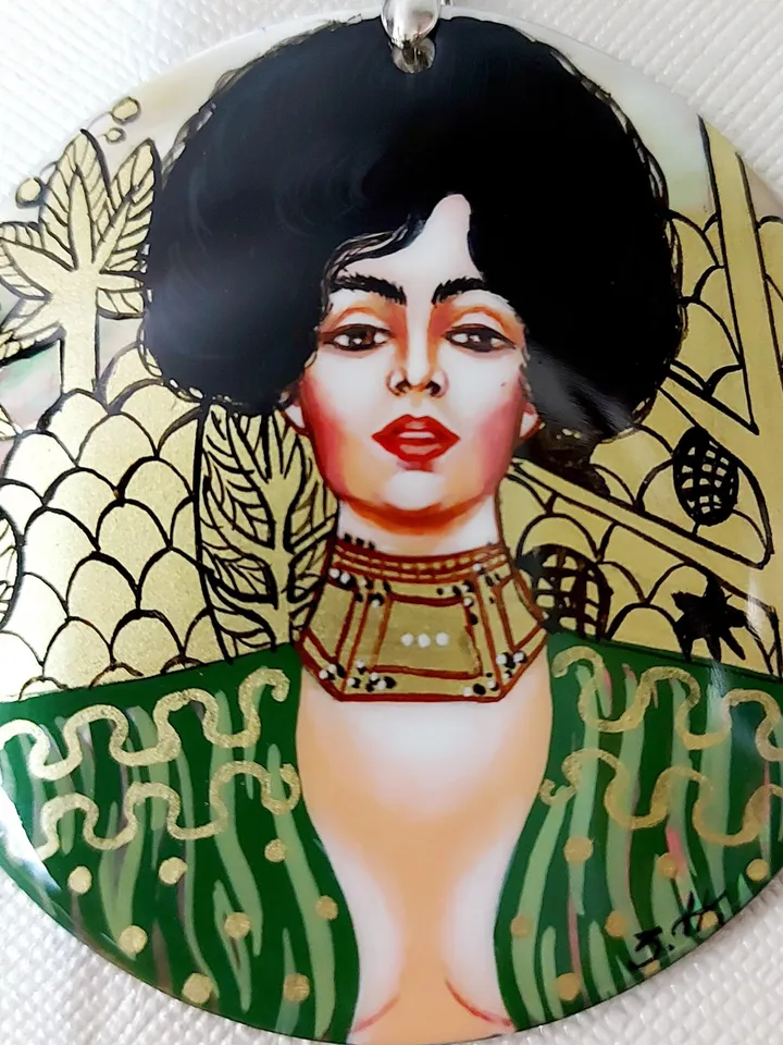 Pearl pendant necklace: Judith by Gustav Klimt on handmade necklace. Painted lacquer shell jewelry. Dainty gift for aesthetic women of power