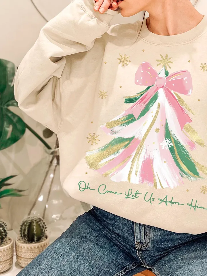Oh Come Let Us Adore Him Png, Coquette Bow Christmas Tree Png,Christmas Jesus PNG,Watercolor Christian Christmas Png,Xmas Tree with Bow Png
