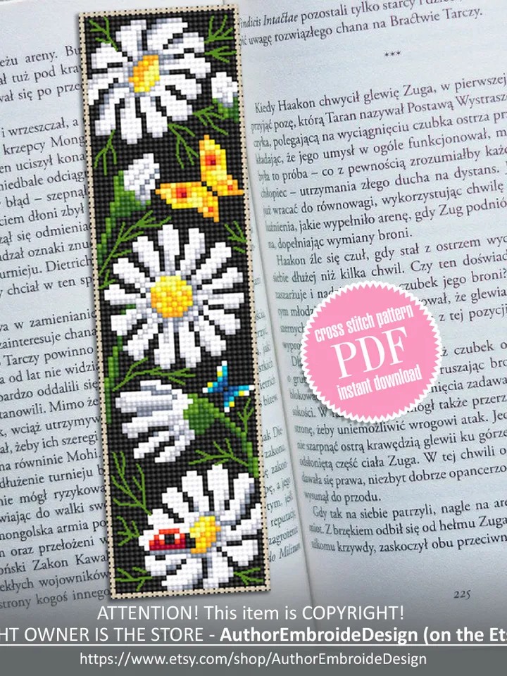 Flower bookmark cross stitch pattern download PDF Chamomile flowers cross stitch chart, Handmade bookmark digital PDF, Floral pattern #B204