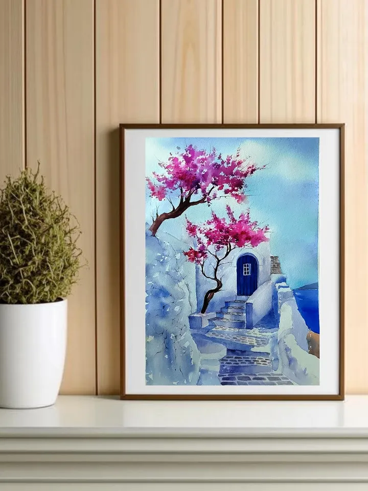 Santorini Painting Original Watercolor Art 11.81x15.74 in by ArtCafe