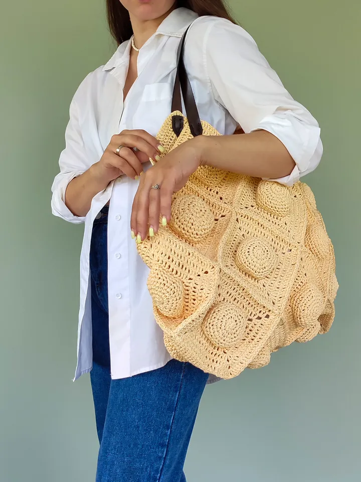 Unique handmade raffia beach bag with leather handles, summer handbag