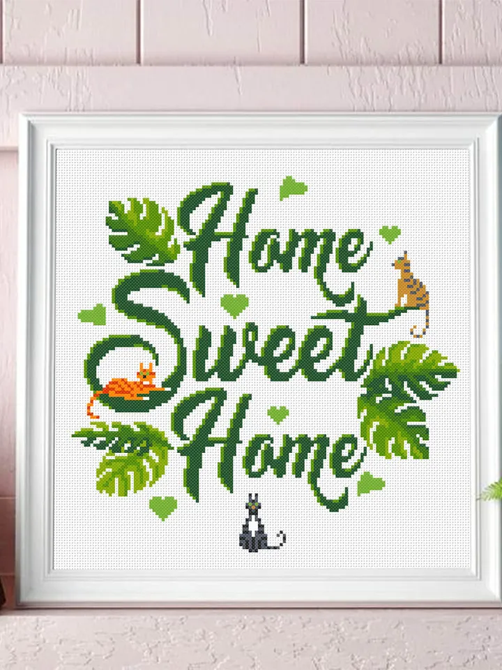 Home sweet home cross stitch pattern download PDF Cute cat cross stitch Monstera leaf xstitch chart Modern home decor Plant lover gift #Q23