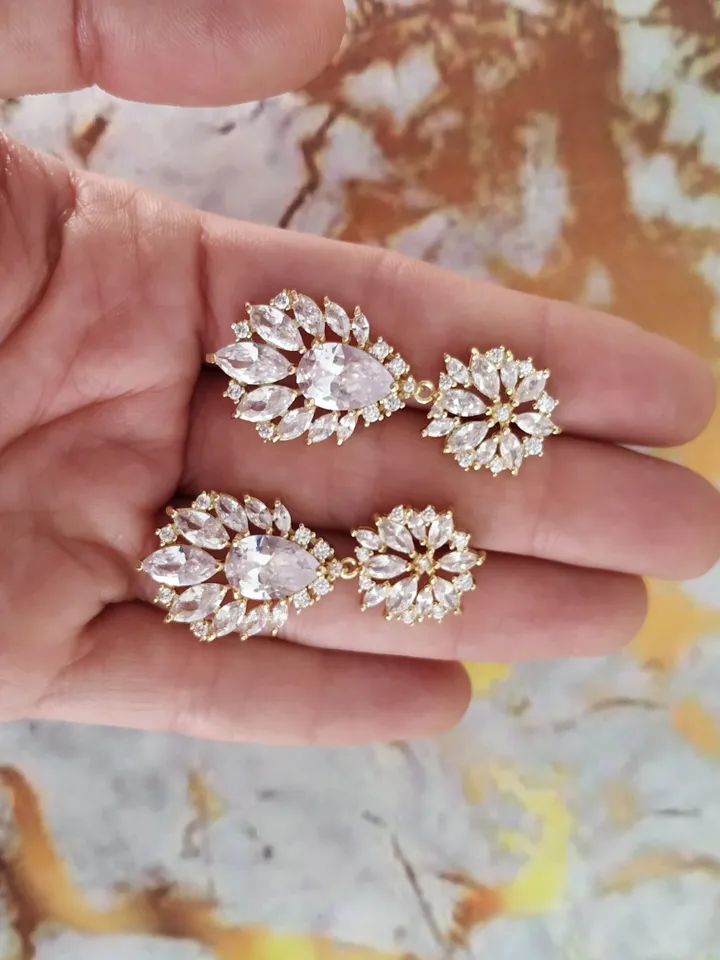 Diamond Gold Wedding Earrings | Flowers Bridal Earrings | Chandelier Statement CZ Earrings | Gold Jewelry for Bride | Bridal Jewelry |