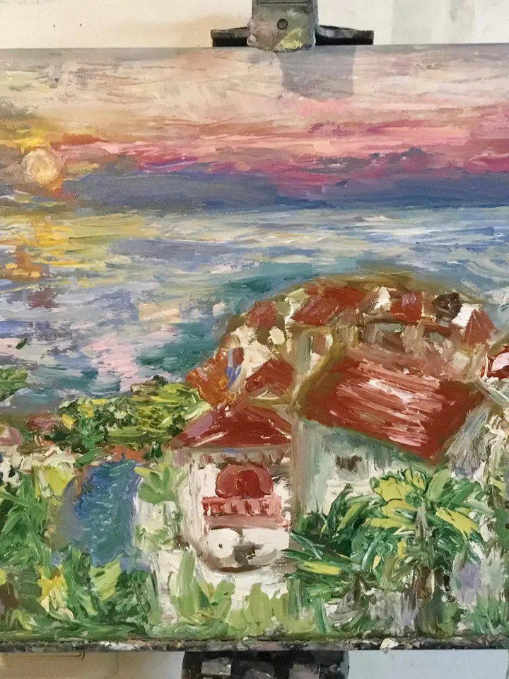 Canarian islands landscape painting,original oil impasto style canvas painting,seascape wall art,beautiful sunset painting