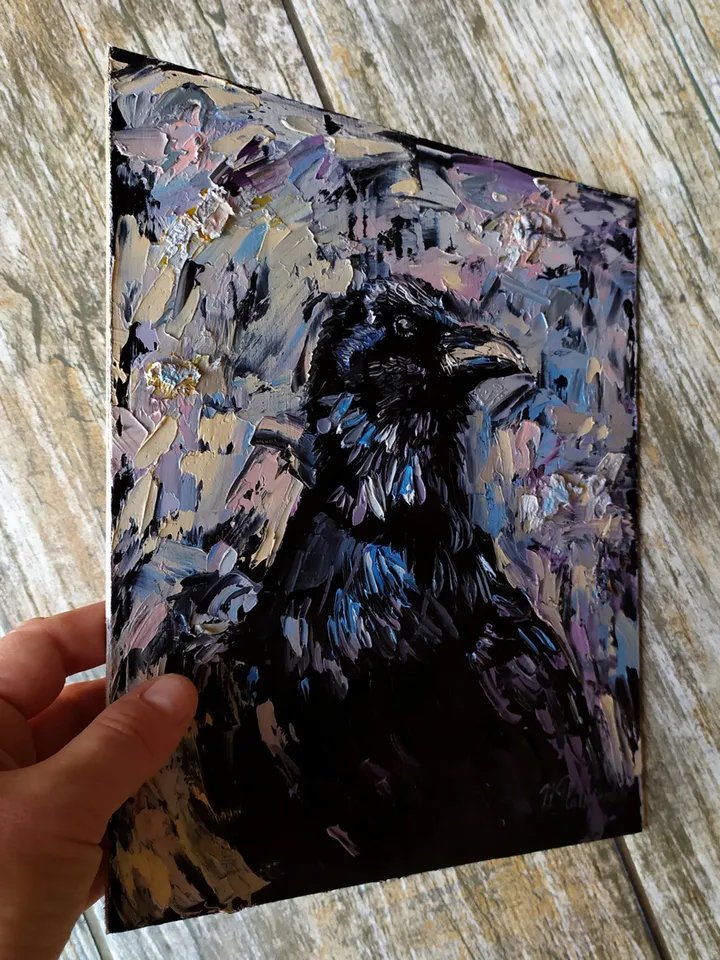 Raven Painting Bird original art 10 by 8 inches Black Raven Wall Art Crow artwork oil painting by Natalia Plotnikova