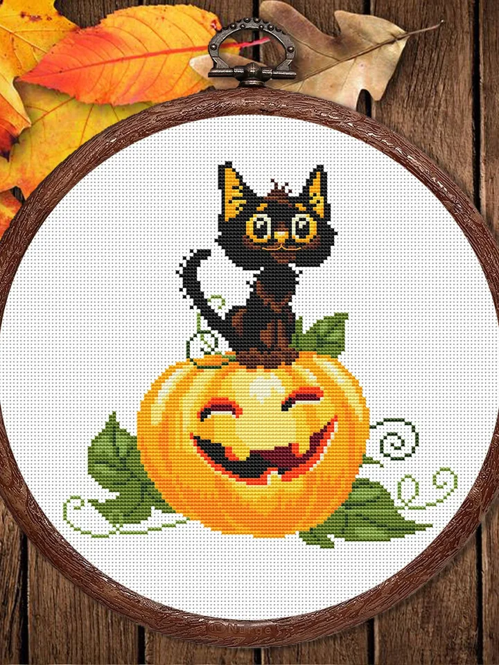 Happy Halloween Cross Stitch Pattern, Halloween Cat Cross Stitch Pattern, Pumpkin Cross Stitch Pattern, Cat on the Pumpkin #hld002