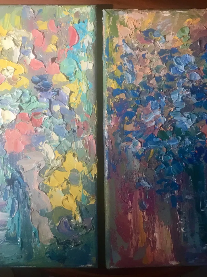 Original oil impasto style textured diptych, set of 2 impressionistic floral painting on canvas,oil painting wall art,unique gifts