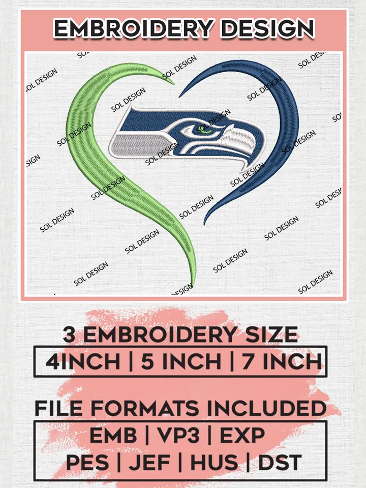 Seattle Seahawks Heart Embroidery Designs, NFL Seahawks Embroidery Designs, NFL Embroidery Designs, NFL Seattle Seahawks Machine Embroidery Design, Digital Download