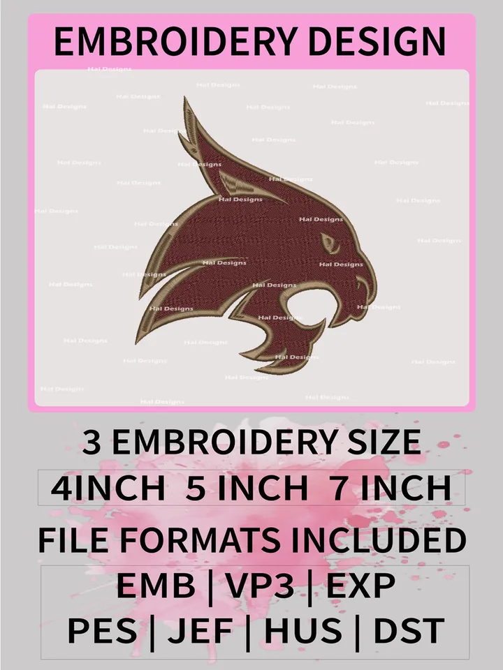 NCAA Texas State Bobcats Embroidery File, 3 Sizes, 6 Formats, NCAA Machine Embroidery Design, NCAA Logo, NCAA Teams