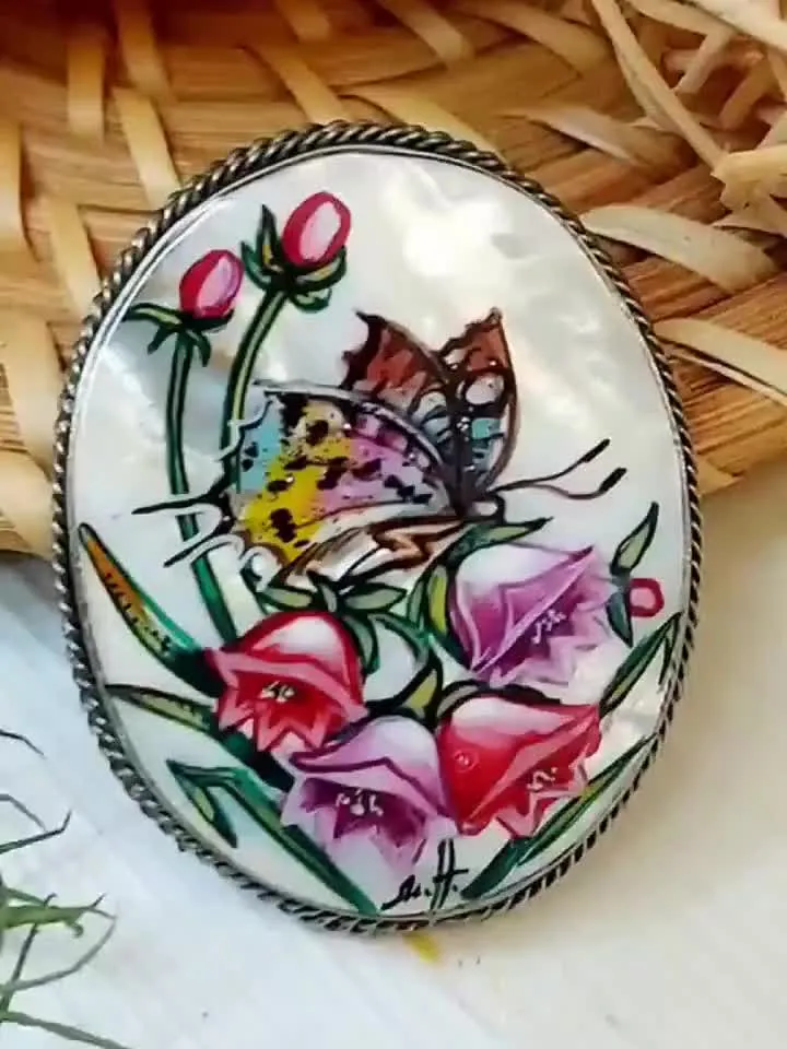 Brooches for women: Butterfly on pink bellflower pin made from shell, mother of pearl brooch with hand painted flower butterfly on blossom