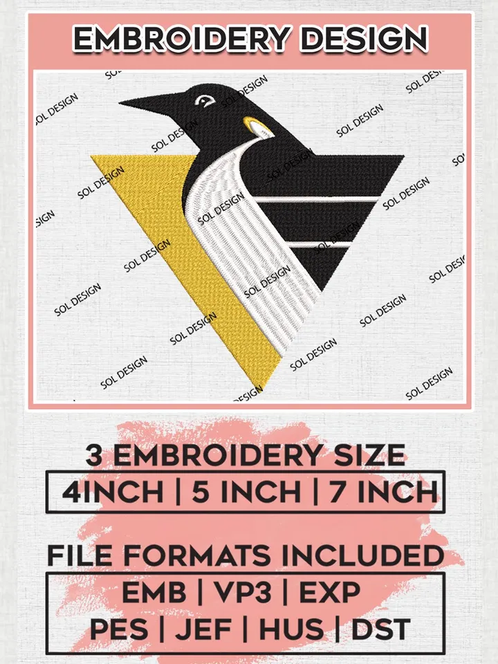 NHL Pittsburgh Penguins Mascot Logo Embroidery Files, NHL Pittsburgh Penguins Team Embroidery Designs, NHL Teams,  NHL Embroidery Designs, NHL Machine Embroidery Designs, Digital Download