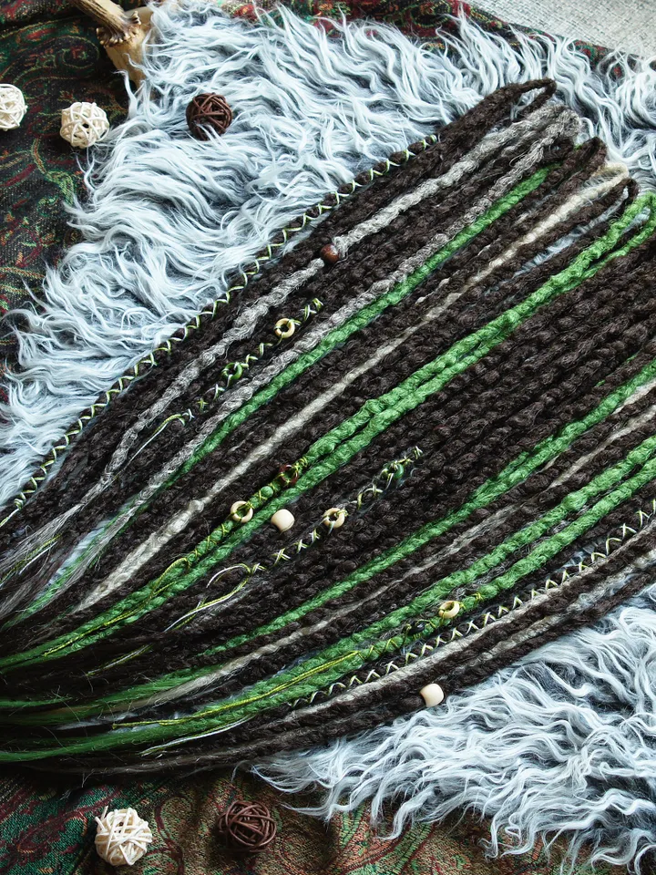 Boho Viking Dreadlock Extensions Handmade Brown Green White Faux Dreads Single or Double Ended with Beaded Wraps Boho Chic Hair Accessories