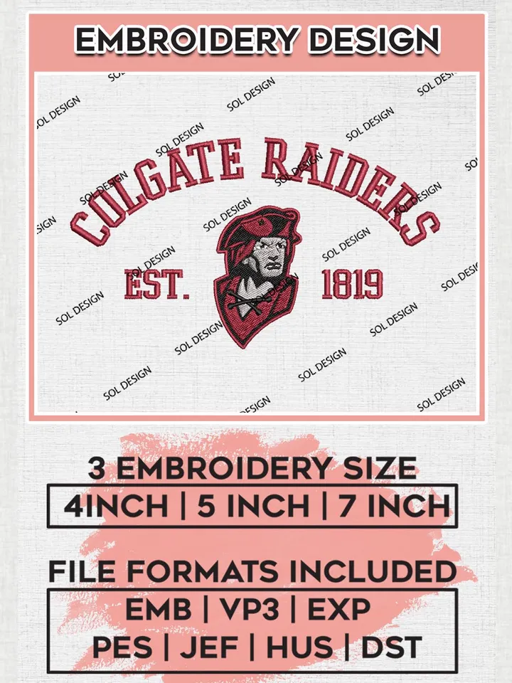 Colgate Raiders Est 1819 Logo Embroidery Designs, NCAA Colgate Raiders Team Embroidery, NCAA Team Logo, 3 sizes, Machine embroidery Files, Digital Download