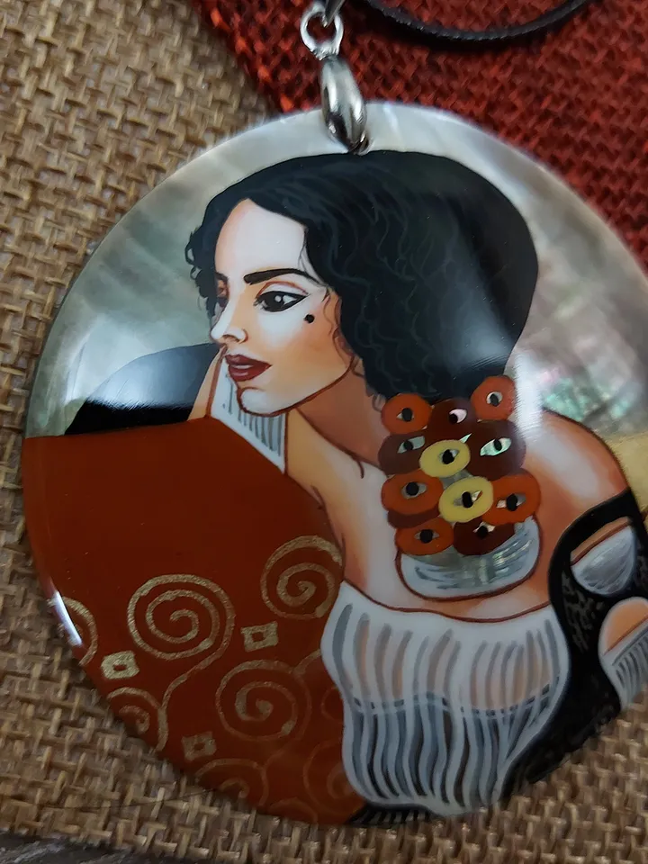 Gustav Klimt. Pendant " Judith ". Mother-of-pearl Russian hand-painted necklace. Hand paint necklace pendant.Hand painted miniature painting