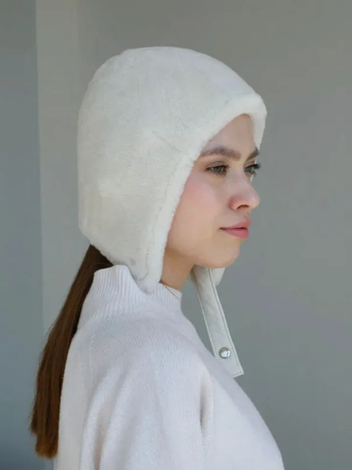 Genuine shearling fur women cream white bonnet / real soft lamb fur winter women hat / designer sheep fur aviator trendy bonnet