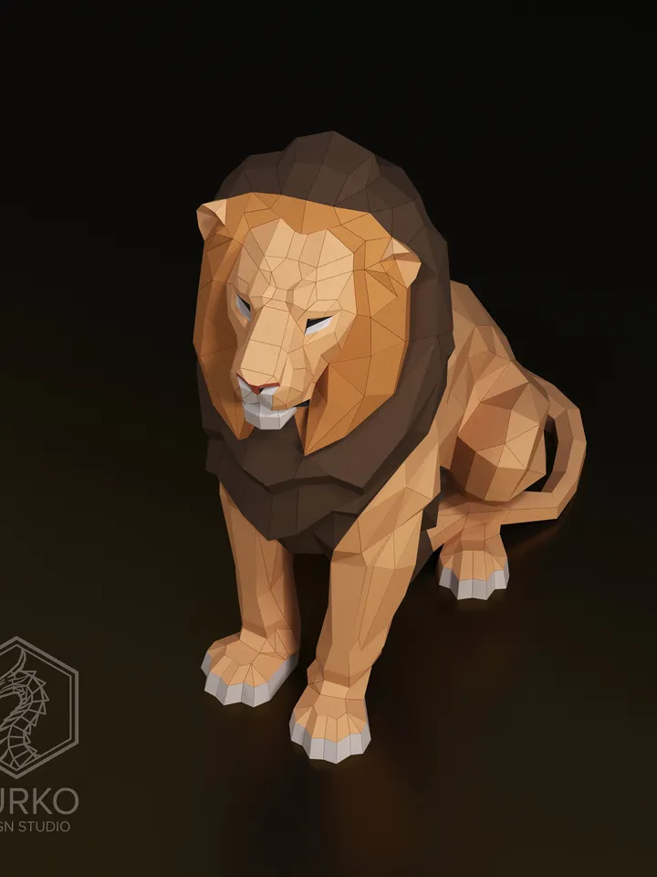 Sitting Lion Papercraft, Cat, Digital Template, PDF Download, Gurko, Low Poly, Pepakura, Origami Sculpture, Paper Party Decoration, DIY Gift