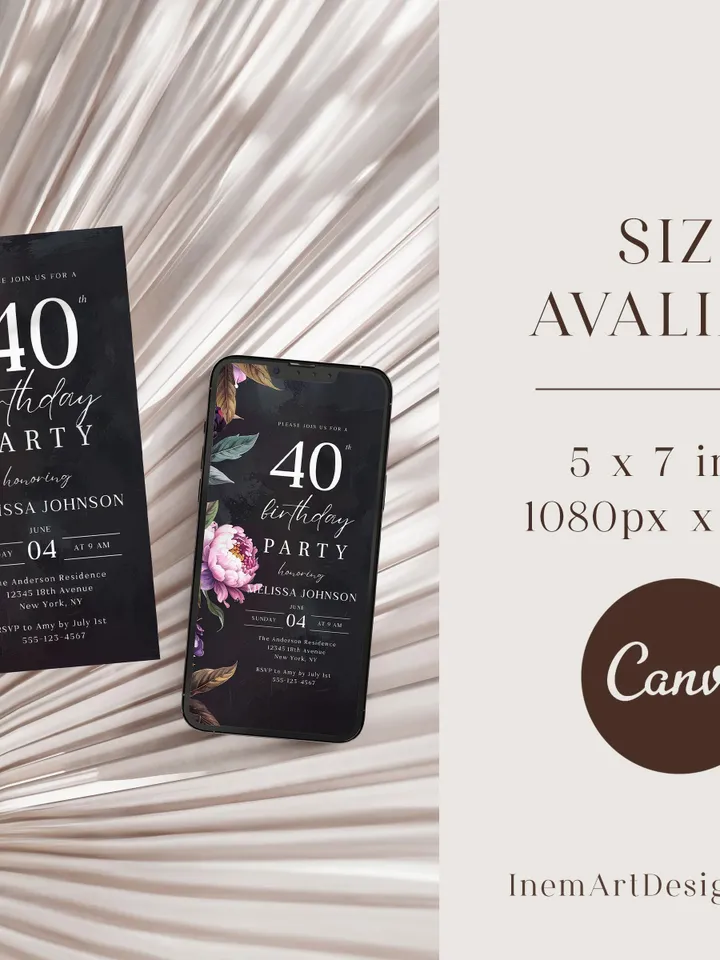 Modern 40th Birthday Canva Template – Moody Burgundy & Blush Peony Floral Invitation, Elegant Dark Background Birthday Party Invite
