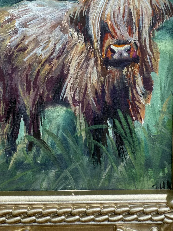 Framed Cow Gouache Painting Original Young Calf Art Framed Animals Decor Dark Cottagecore Art
