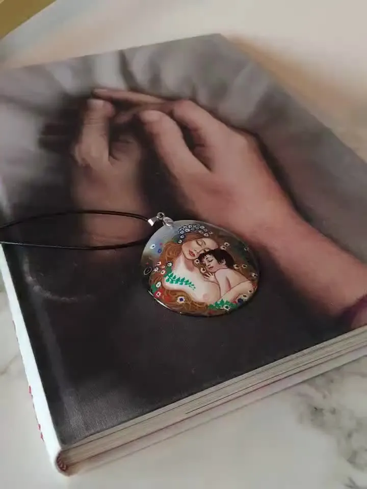 Pearl pendant necklace: Mother and Child painted on handmade art jewelry • Motherhood, kindness and love • Best gift for baby shower party