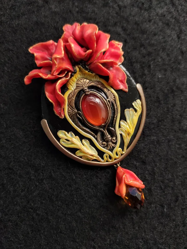 Peony Flower Pin, Art Nouveau Cameo