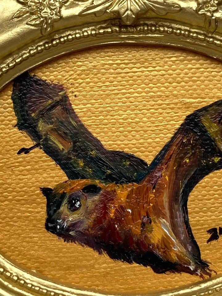 Fox Bat Painting Original Framed Small Oil Painting Gold Frame Goth Art