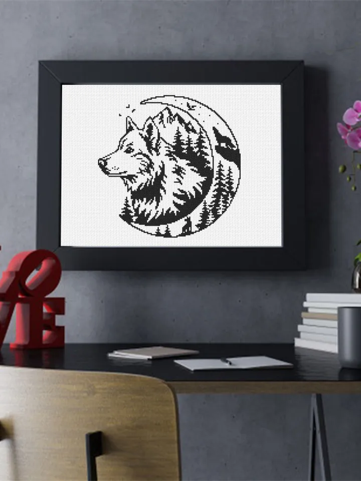 Wolf moon cross stitch pattern PDF download Silhouette wolf cross stitch chart, Monochrome nature pattern digital PDF, Forest landscape #L77