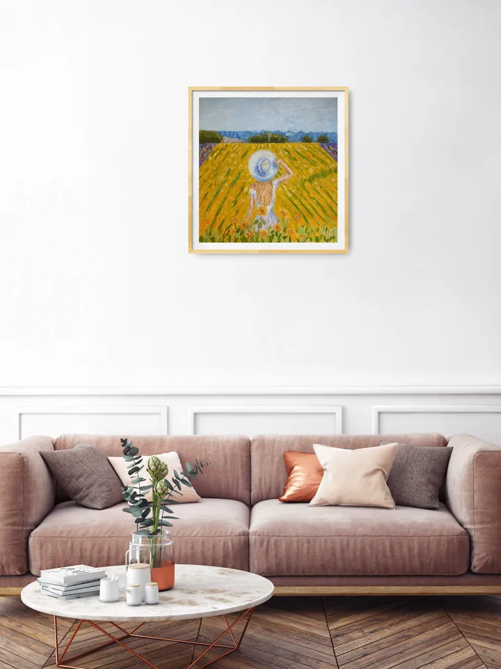 Sunflower field painting Girl in the field wall
