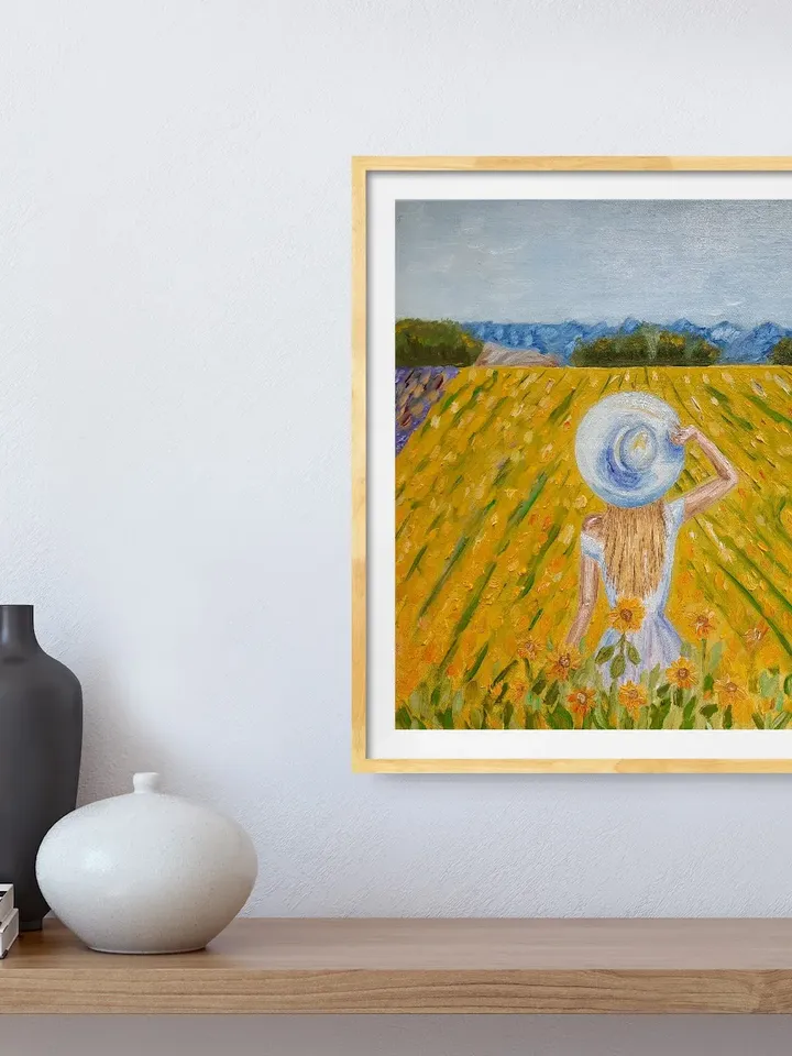 Sunflower field painting Girl in the field wall