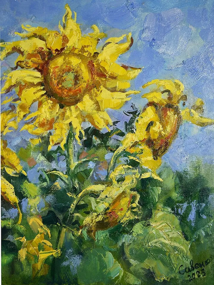 Sunflower Painting Impressionist Original Art Canvas Oil Flower Artwork