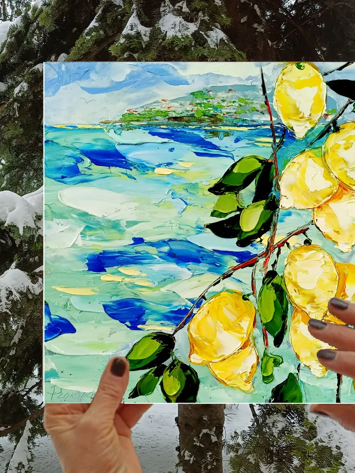 Lemon Painting Italy Seascape Original Art Impasto Oil Painting Coastal Painting Painting Amalfi Art Italy Painting by ArtProkopaloSv