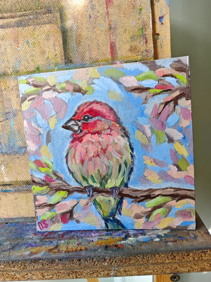 Bird Original Painting Bright Bird Original Art Animal Modern Artwork Multicolored Bird Wall Art Bright Bird Oil Painting 8x8 inches by OlgaSokolovaArt