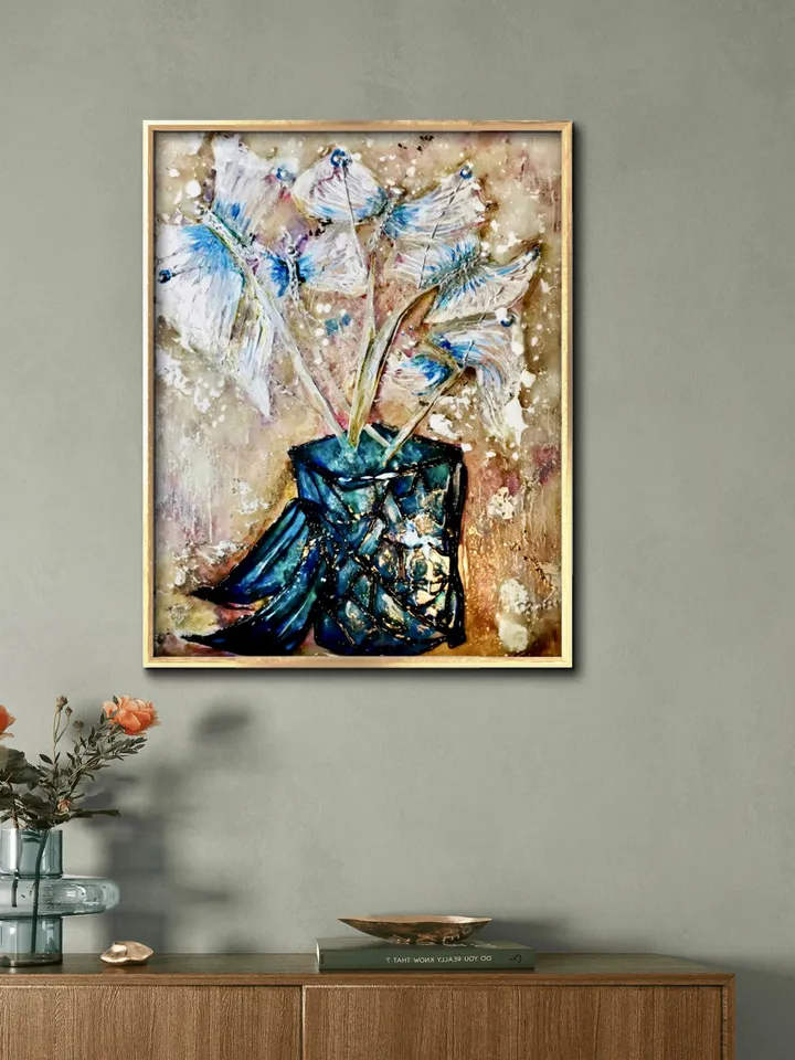Fantasy butterflies in a vase Poster made from my original stained glass painting,unique design,home decor gift.