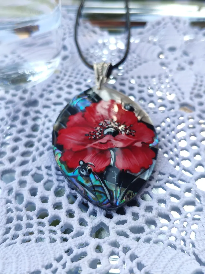 Pearl pendant necklace: Big red poppy flower on handmade necklace • Hand painted statement jewelry for dress • unique trendy floral necklace