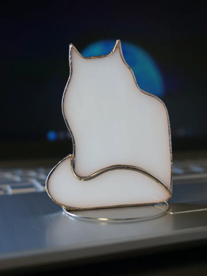 Fluffy Long Hair Cat , Stained glass window hanging or sitters on shelf Suncatcher , black , white , gray , brown mottled , cocoa , amber